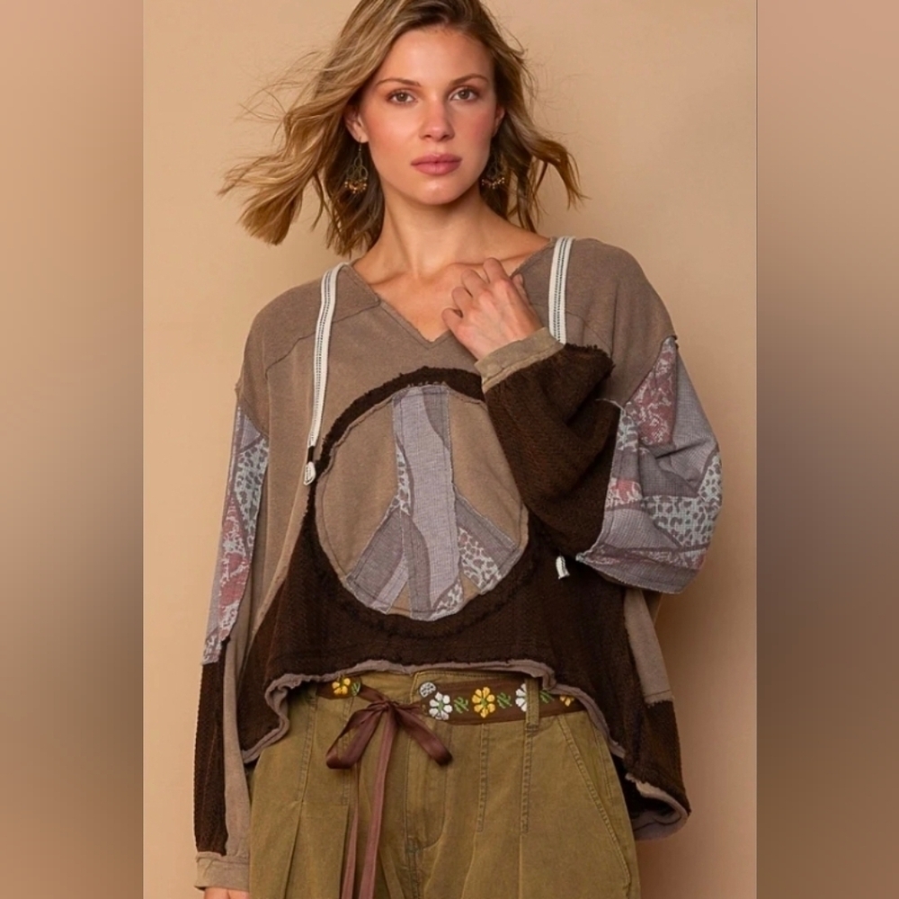 POL Earthy Patchwork V-Neck Sweater